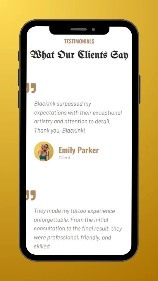 Screenshot - the website of a tattoo studio called Blackink in mobile view, taken by an experienced web developer for hire - webkaster.